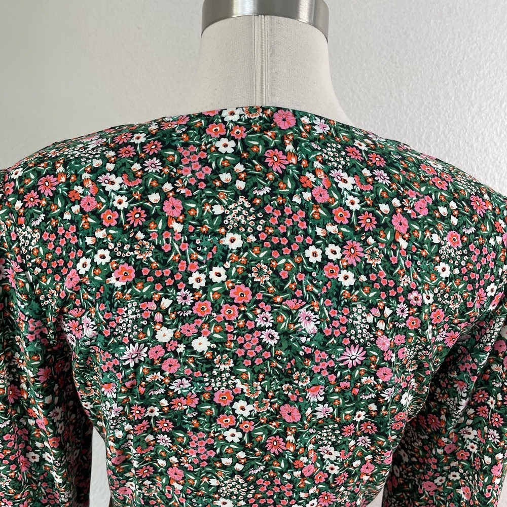 Uniqlo Dress Womens Small Green Floral V Neck Fit Flare Long Sleeve Pockets - Picture 10 of 11